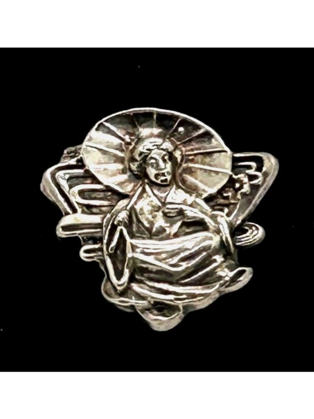 Vintage Japanese Geisha Brooch Pin Repoussé Parasol Silver-Tone Art Deco Asian